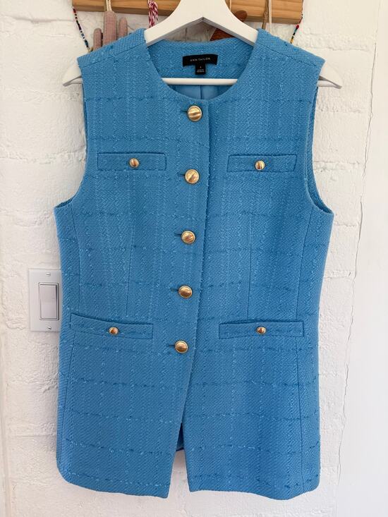 Ann Taylor Jackets & Blazers - Ann Taylor Sky Blue Tweed Vest Skirt Set Gold Button Preppy Coastal 8 10